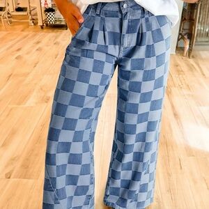 Chic Blue Checkered Wide Leg Pants